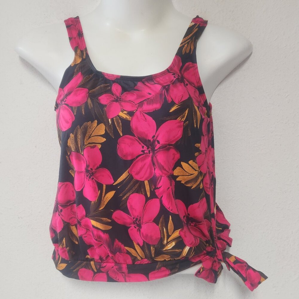 BEACH BELLE Tankini top, Black, Gold and red floral, size 12/ small